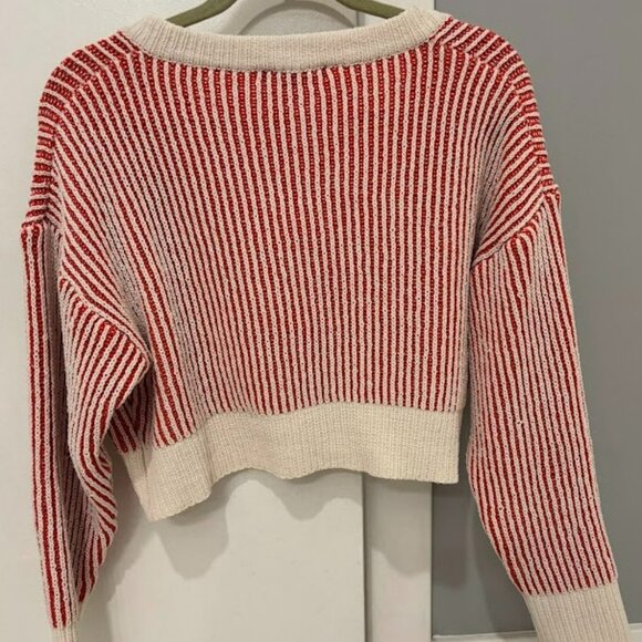 Lulus Attractively Cozy Red And White Striped V-neck Pullover Sweater - Size S - Picture 5 of 7